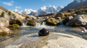 Shilajit pur et brillant sur une roche, rivière de montagne et sommets enneigés en arrière-plan sous un ciel bleu.