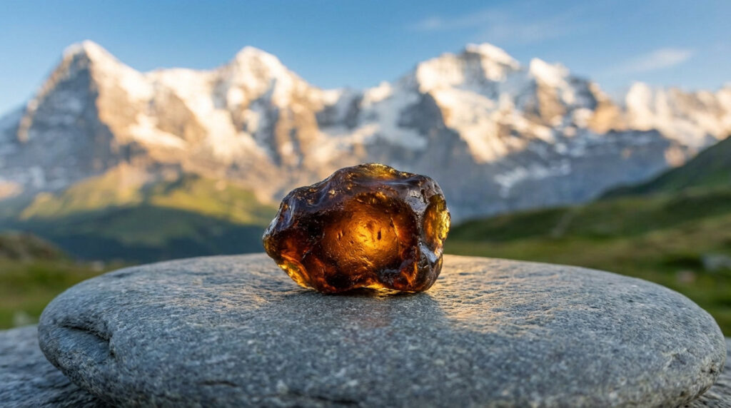 Gros plan sur un morceau de shilajit ambré et brillant, posé sur une roche grise, avec des montagnes enneigées en arrière-plan.