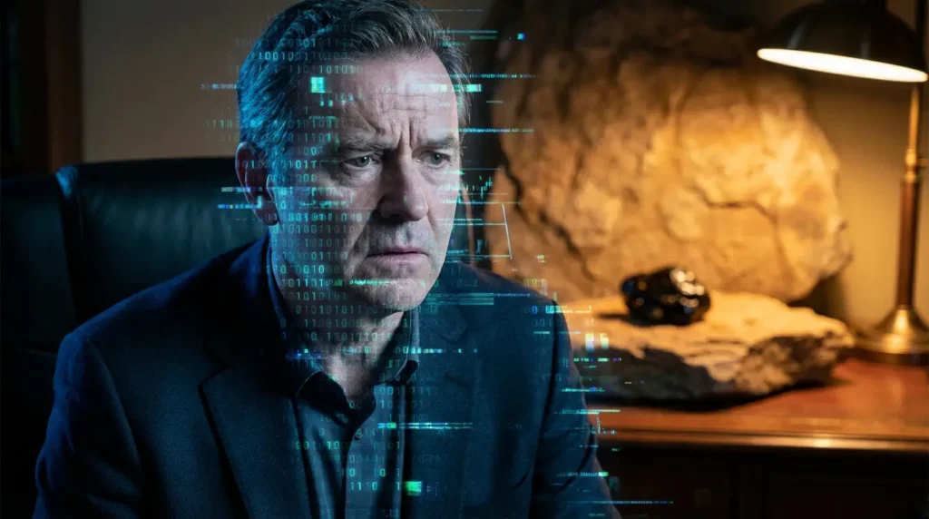 Homme d'âge mûr au regard inquiet, le visage brouillé par des chiffres et effets numériques. Ambiance sombre, lampe et roche en arrière-plan.
