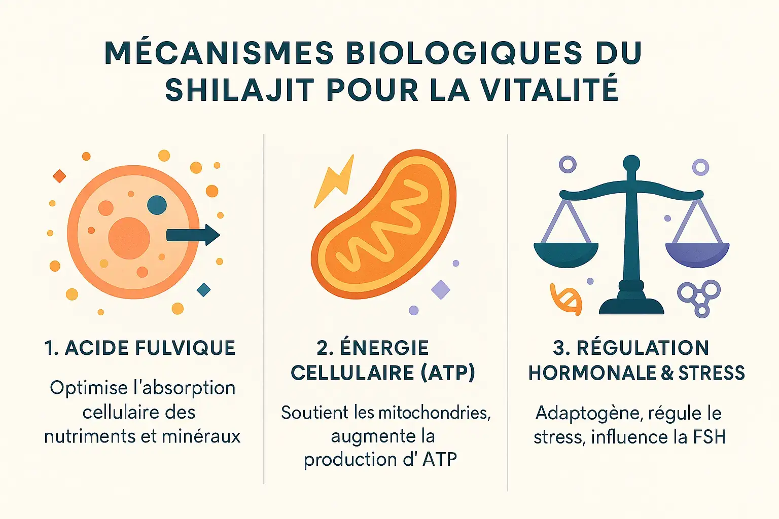 Représentation schématique des mécanismes d'action du shilajit sur l'organisme