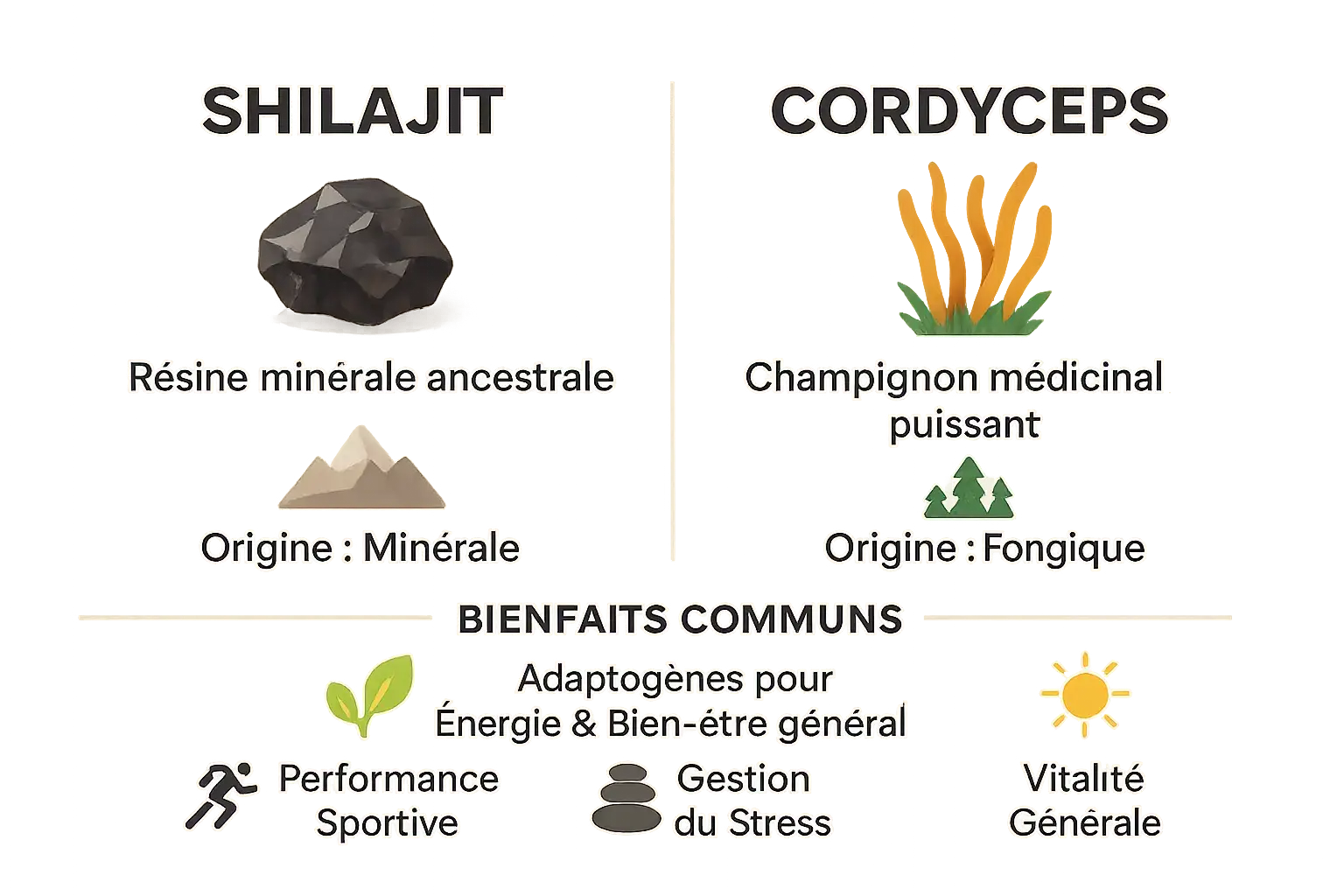 Comparaison visuelle des bienfaits et origines du shilajit et du cordyceps