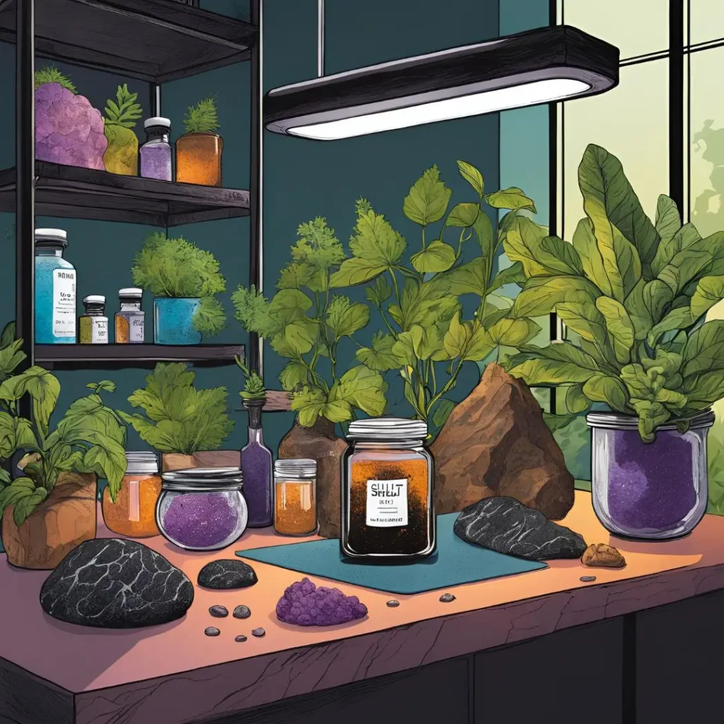 acide fulvique et shilajit sur une table